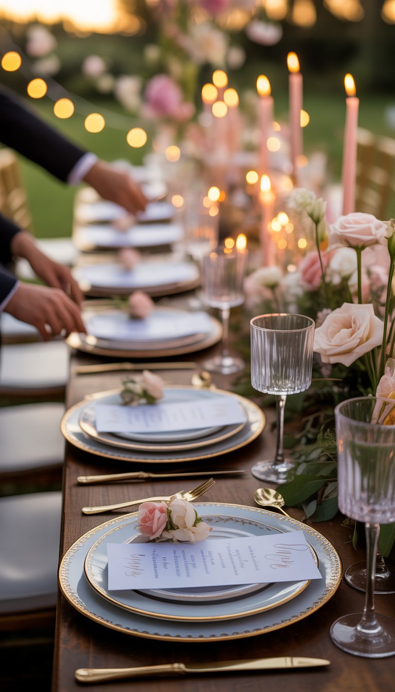 A wedding dinner table set outdoors with personalized menus, floral centerpieces, candles, and guests enjoying the meal.